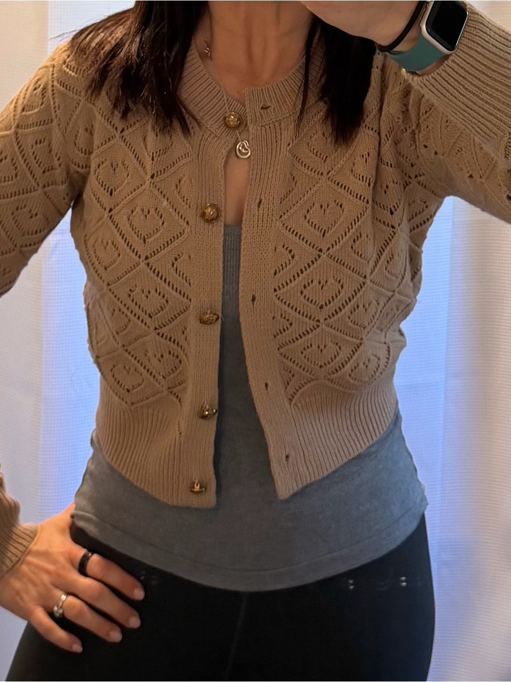 SHEIN Beige Diamond Open-Knit Cropped Cardigan with Gold Buttons